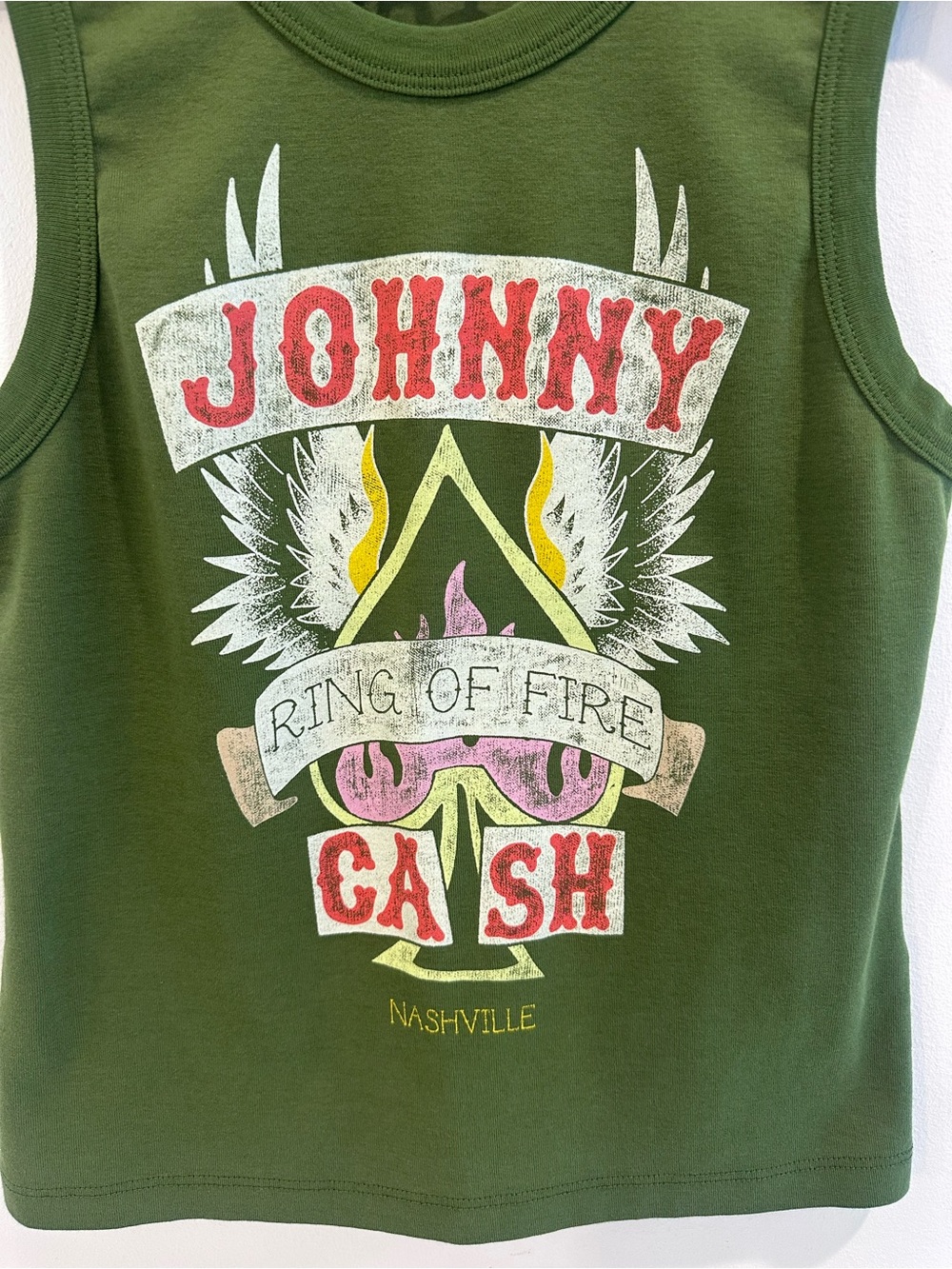 NWOT Daydreamer Johnny Cash Ring Of Fire Shrunken Tank Top Green Size Medium - Picture 2 of 7